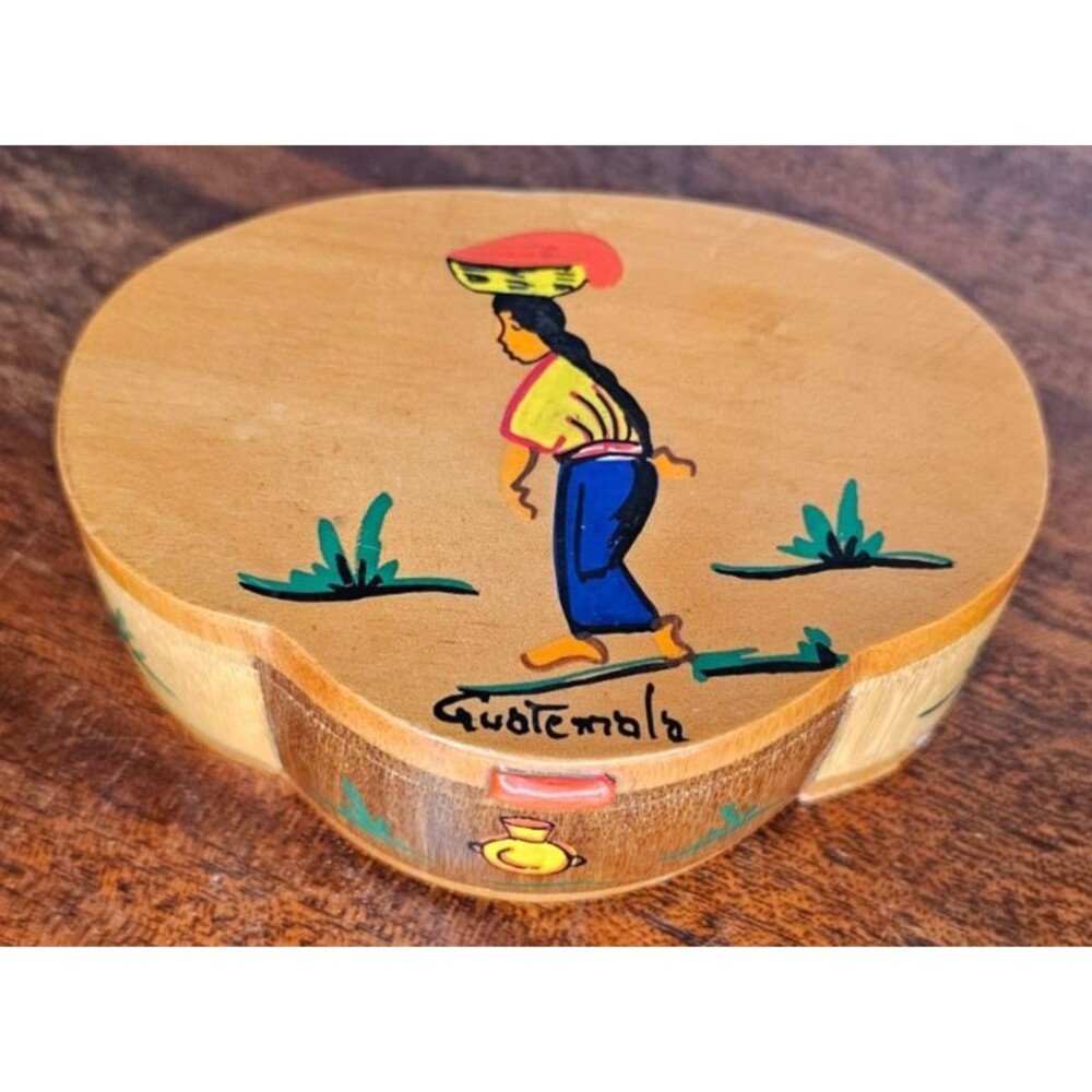 VTG Guatemala Wooden Trinket Box 4.5"L x 3.25"W x 2"T Wood Folk Art